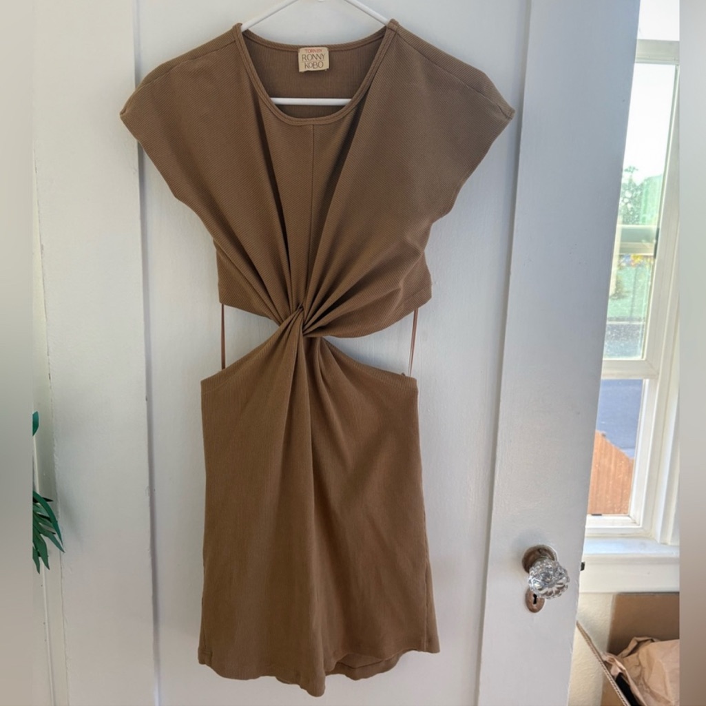 Torn By Ronny Kobo Twist Knot Front Cut Out Tan Ribbed Dress Xs